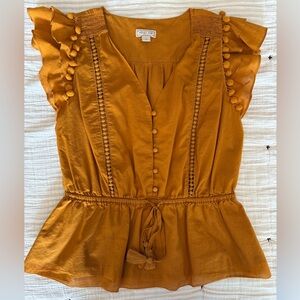 JCrew Point Sur flutter sleeve blouse with pom poms